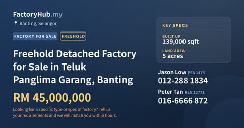 Factory For Sale - Freehold Detached Factory for Sale in Teluk Panglima Garang, Banting - Banting, Selangor