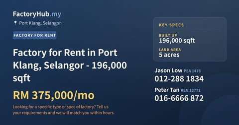 Factory For Rent - Factory for Rent in Port Klang, Selangor - 196,000 sqft - Port Klang, Selangor