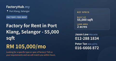 Factory For Rent - Factory for Rent in Port Klang, Selangor - 55,000 sqft - Port Klang, Selangor