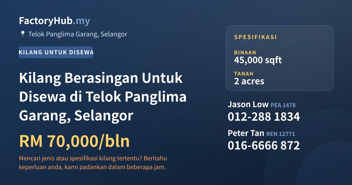 Kilang Untuk Disewa - Kilang Berasingan Untuk Disewa di Telok Panglima Garang, Selangor - Telok Panglima Garang, Selangor