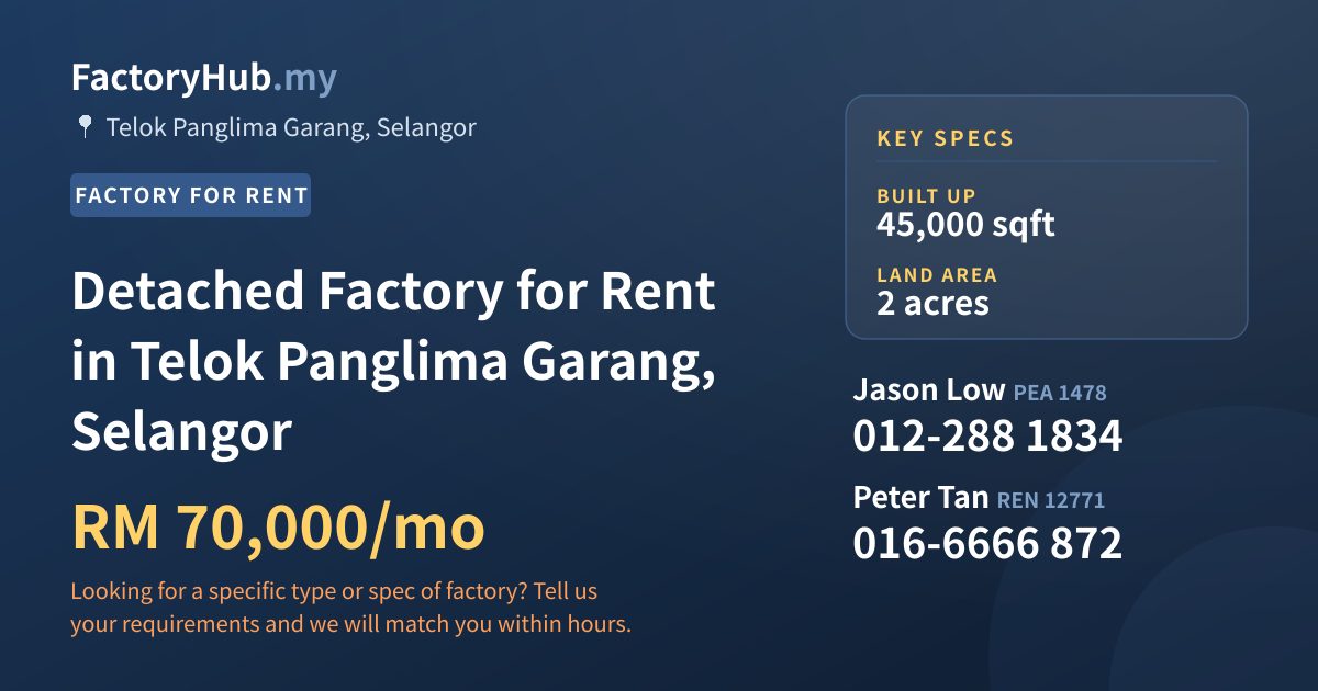 Factory For Rent - Detached Factory for Rent in Telok Panglima Garang, Selangor - Telok Panglima Garang, Selangor