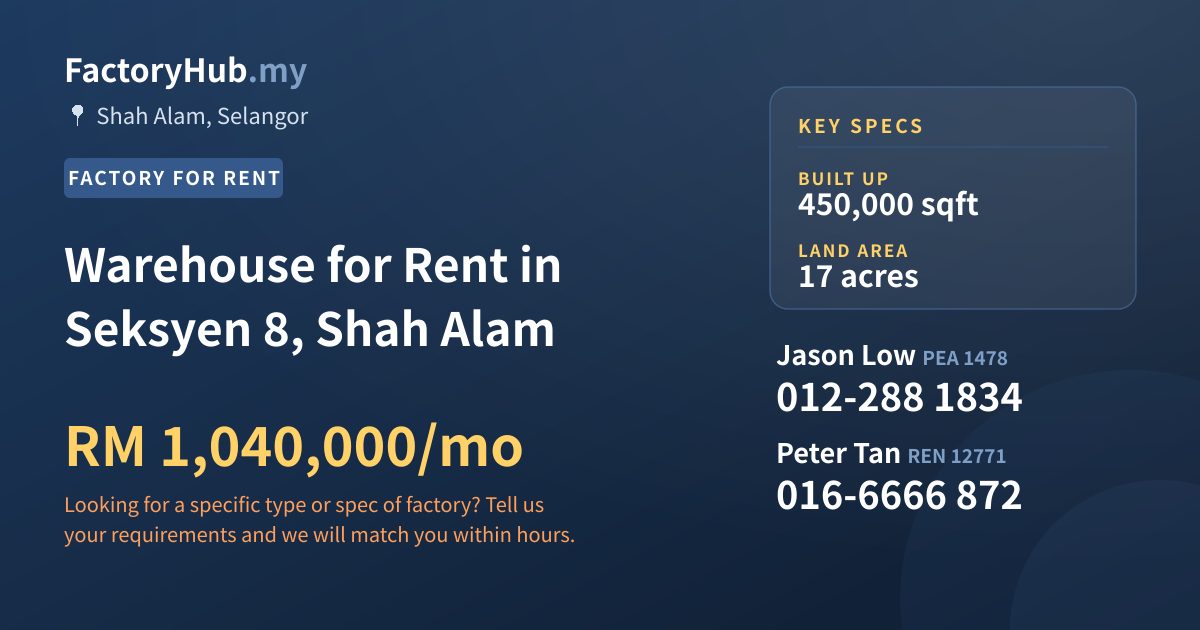 Factory For Rent - Warehouse for Rent in Seksyen 8, Shah Alam - Shah Alam, Selangor