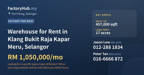Factory For Rent - Warehouse for Rent in Klang Bukit Raja Kapar Meru, Selangor - Port Klang, Selangor