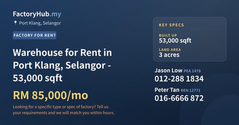Factory For Rent - Warehouse for Rent in Port Klang, Selangor - 53,000 sqft - Port Klang, Selangor