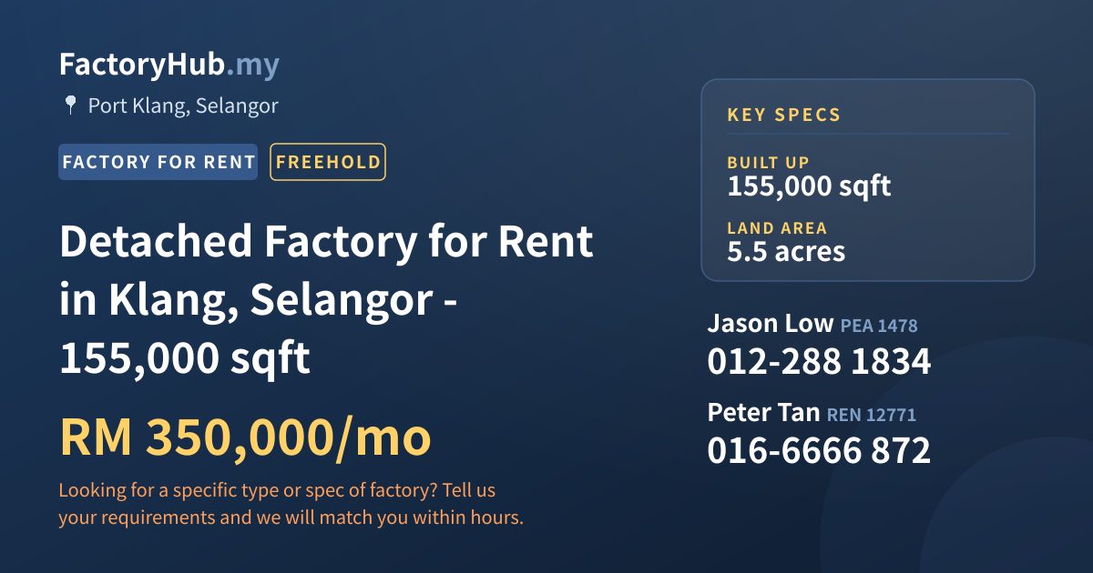 Factory For Rent - Detached Factory for Rent in Klang, Selangor - 155,000 sqft - Port Klang, Selangor
