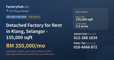 Factory For Rent - Detached Factory for Rent in Klang, Selangor - 155,000 sqft - Port Klang, Selangor