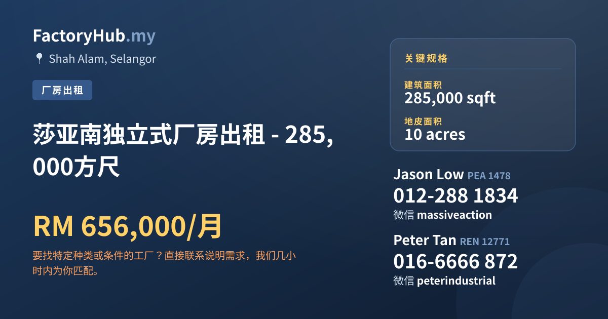 工厂 出租 - 莎亚南独立式厂房出租 - 285,000方尺 - Shah Alam, Selangor