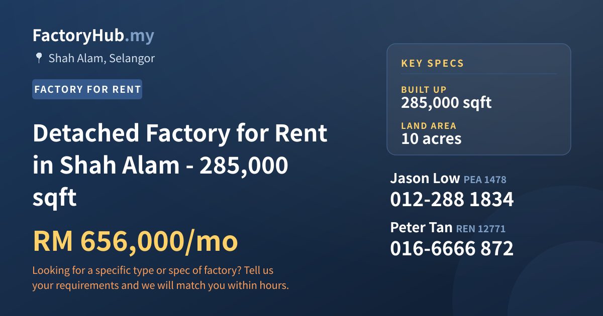 Factory For Rent - Detached Factory for Rent in Shah Alam - 285,000 sqft - Shah Alam, Selangor