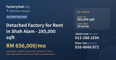 Factory For Rent - Detached Factory for Rent in Shah Alam - 285,000 sqft - Shah Alam, Selangor
