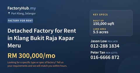 Factory For Rent - Detached Factory for Rent in Klang Bukit Raja Kapar Meru - Port Klang, Selangor