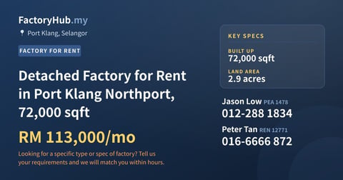 Factory For Rent - Detached Factory for Rent in Port Klang Northport, 72,000 sqft - Port Klang, Selangor