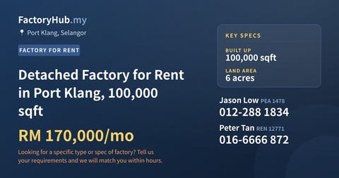 Factory For Rent - Detached Factory for Rent in Port Klang, 100,000 sqft - Port Klang, Selangor