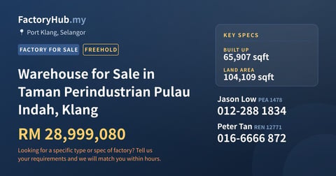Factory For Sale - Warehouse for Sale in Taman Perindustrian Pulau Indah, Klang - Port Klang, Selangor