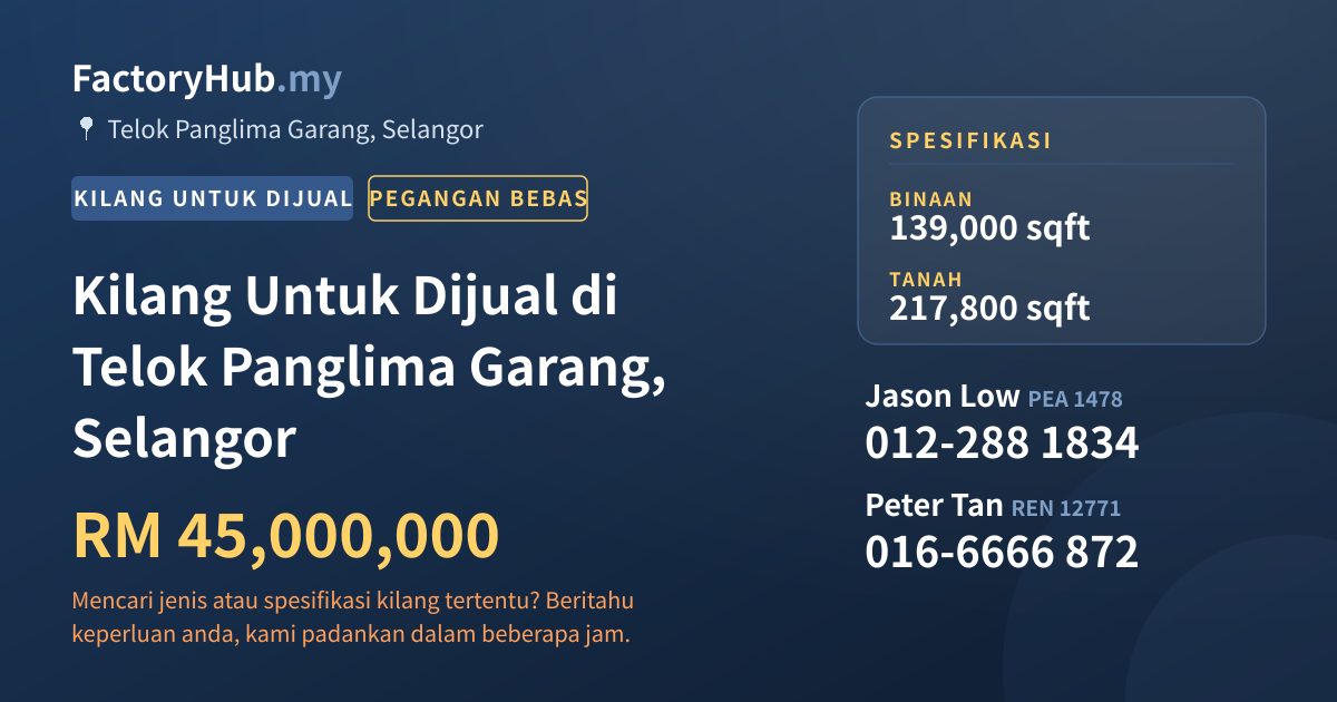 Kilang Untuk Dijual - Kilang Untuk Dijual di Telok Panglima Garang, Selangor - Telok Panglima Garang, Selangor