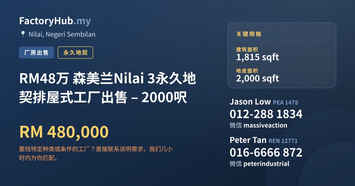 工厂 出售 - RM48万 森美兰Nilai 3永久地契排屋式工厂出售 – 2000呎 - Nilai, Negeri Sembilan