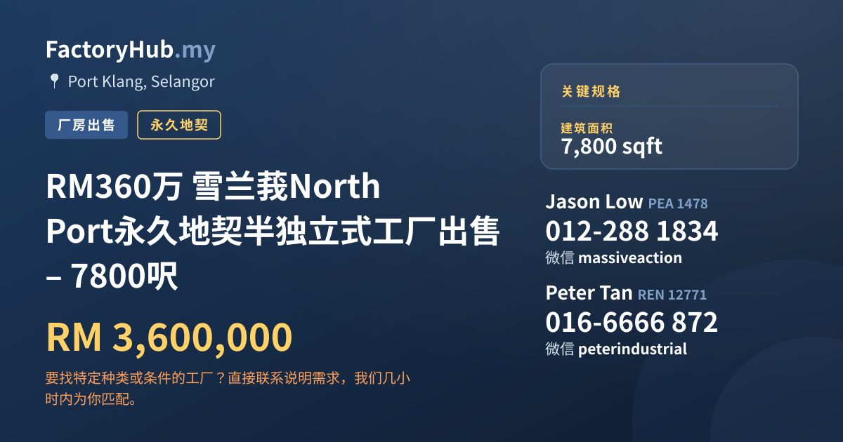 工厂 出售 - RM360万 雪兰莪North Port永久地契半独立式工厂出售 – 7800呎 - Port Klang, Selangor