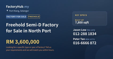 Factory For Sale - Freehold Semi-D Factory for Sale in North Port - Port Klang, Selangor