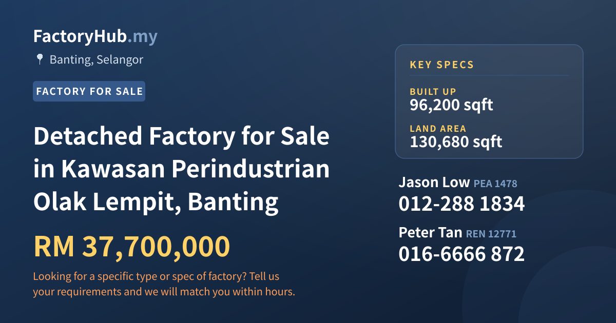 Factory For Sale - Detached Factory for Sale in Kawasan Perindustrian Olak Lempit, Banting - Banting, Selangor