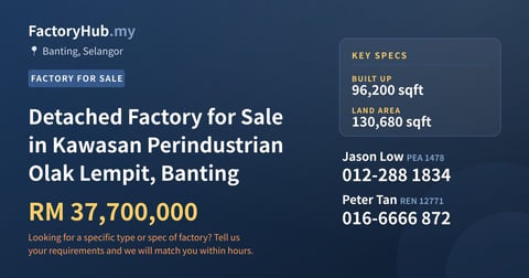 Factory For Sale - Detached Factory for Sale in Kawasan Perindustrian Olak Lempit, Banting - Banting, Selangor