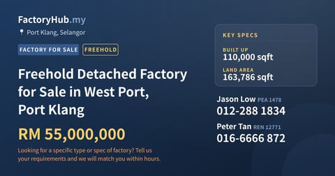 Factory For Sale - Freehold Detached Factory for Sale in West Port, Port Klang - Port Klang, Selangor