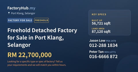 Factory For Sale - Freehold Detached Factory for Sale in Port Klang, Selangor - Port Klang, Selangor