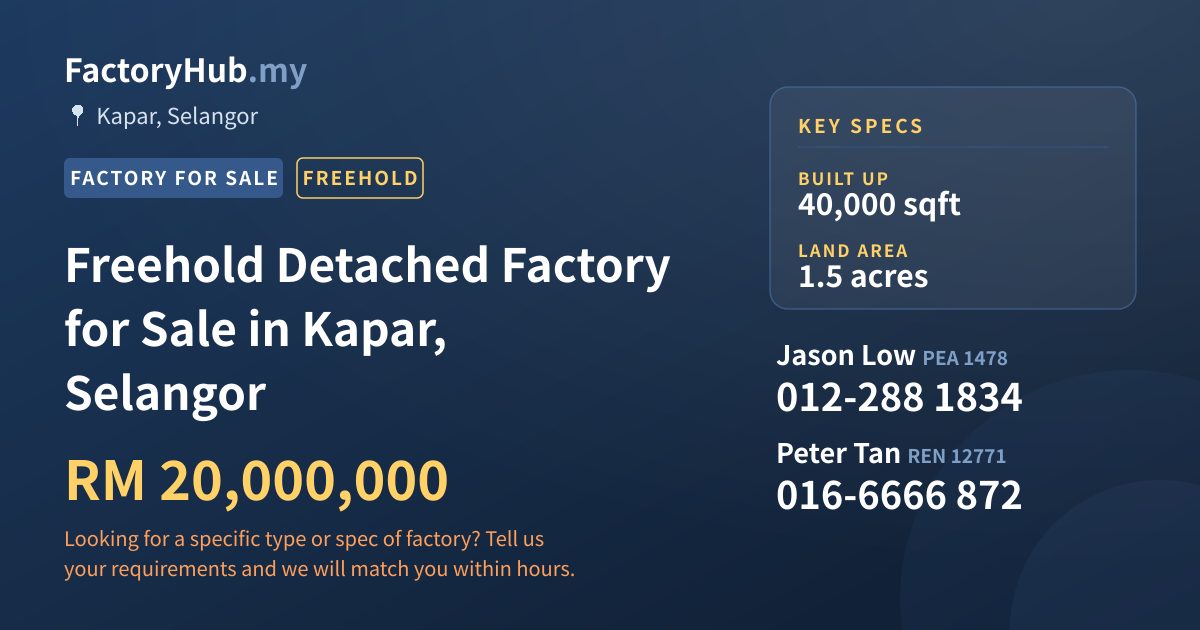 Factory For Sale - Freehold Detached Factory for Sale in Kapar, Selangor - Kapar, Selangor