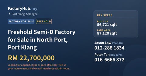 Factory For Sale - Freehold Semi-D Factory for Sale in North Port, Port Klang - Port Klang, Selangor