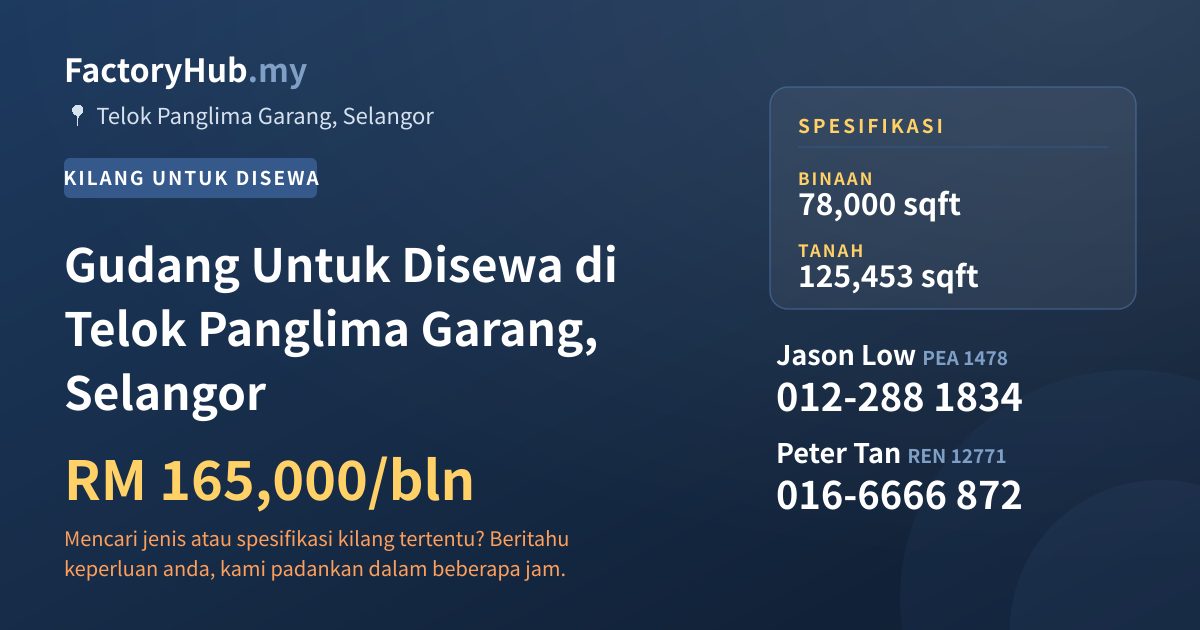 Kilang Untuk Disewa - Gudang Untuk Disewa di Telok Panglima Garang, Selangor - Telok Panglima Garang, Selangor