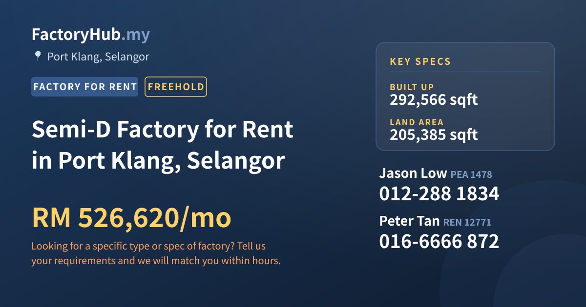 Factory For Rent - Semi-D Factory for Rent in Port Klang, Selangor - Port Klang, Selangor
