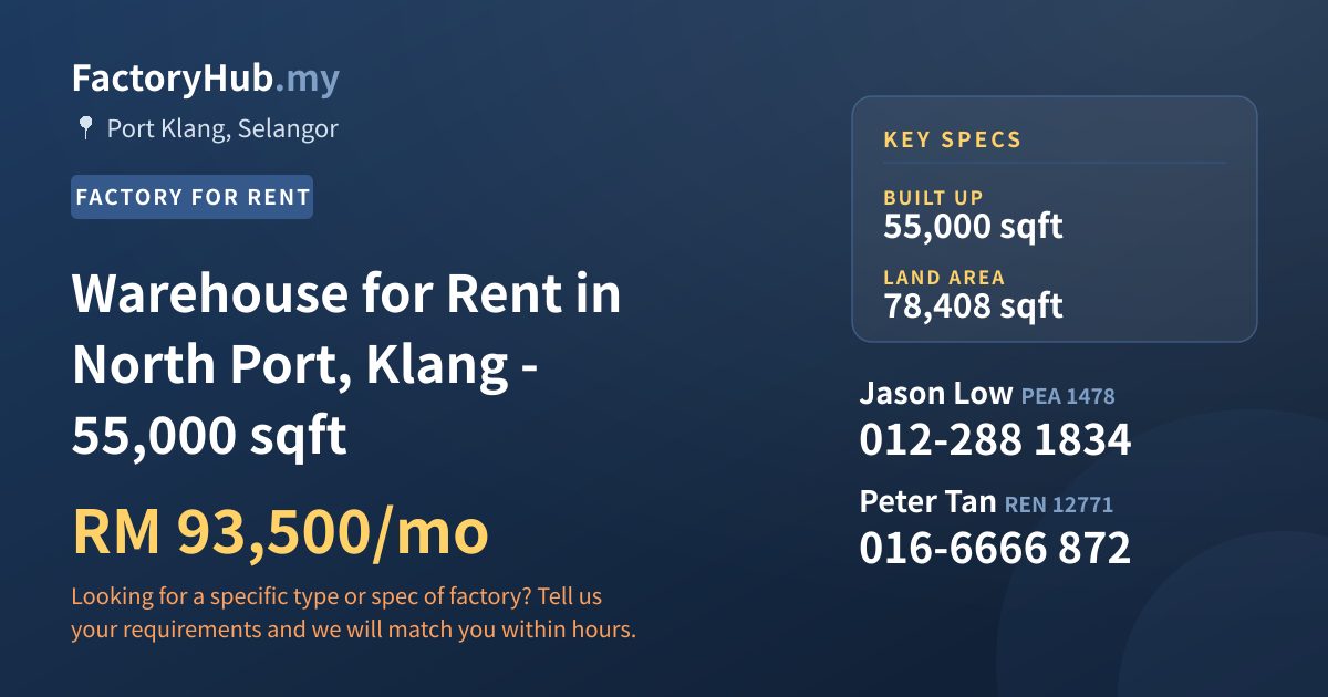 Factory For Rent - Warehouse for Rent in North Port, Klang - 55,000 sqft - Port Klang, Selangor