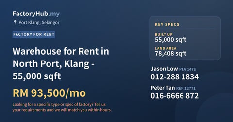 Factory For Rent - Warehouse for Rent in North Port, Klang - 55,000 sqft - Port Klang, Selangor