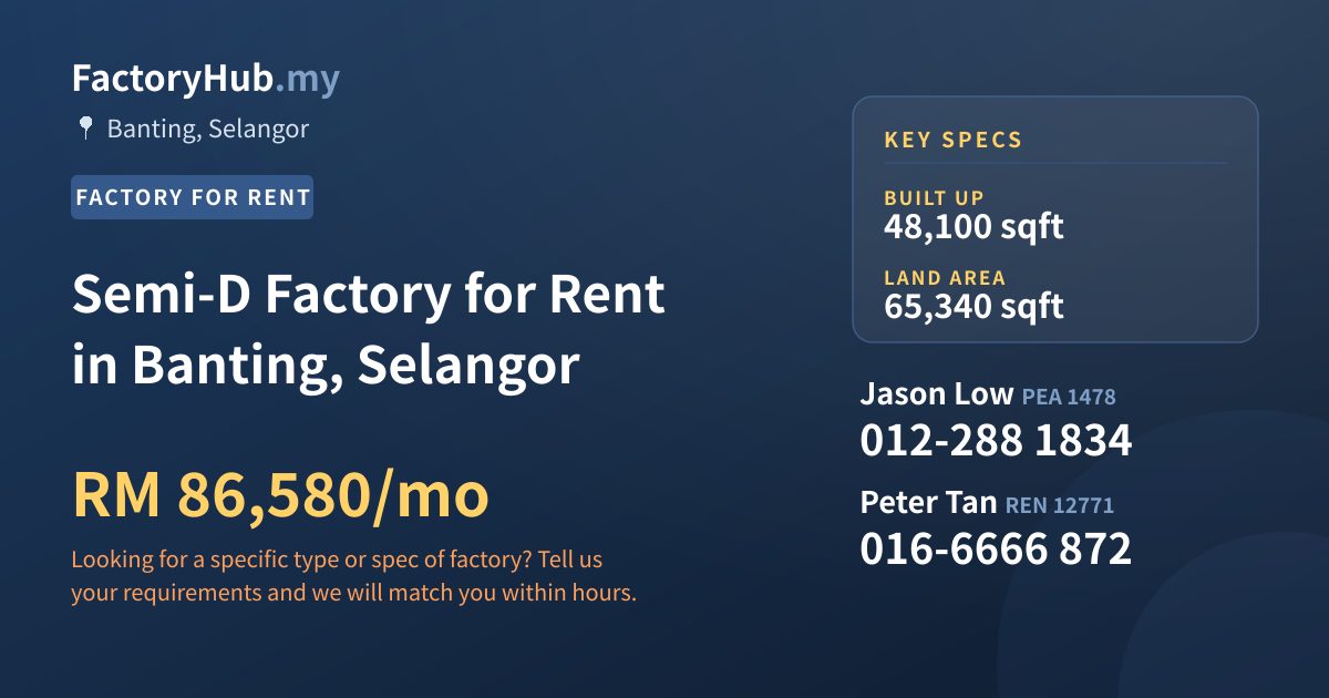 Factory For Rent - Semi-D Factory for Rent in Banting, Selangor - Banting, Selangor