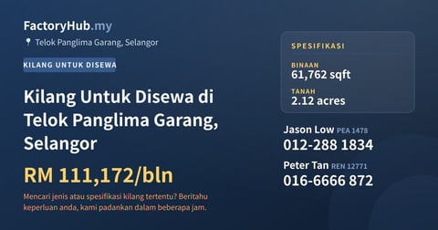 Kilang Untuk Disewa - Kilang Untuk Disewa di Telok Panglima Garang, Selangor - Telok Panglima Garang, Selangor