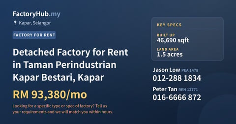 Factory For Rent - Detached Factory for Rent in Taman Perindustrian Kapar Bestari, Kapar - Kapar, Selangor