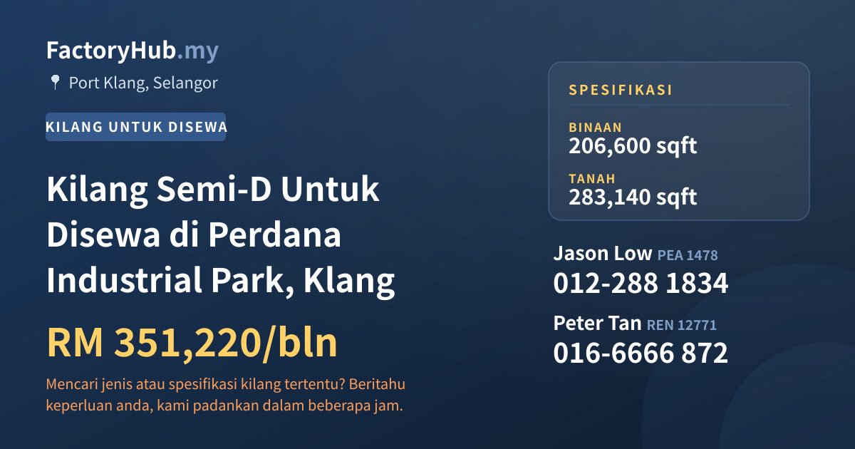 Kilang Untuk Disewa - Kilang Semi-D Untuk Disewa di Perdana Industrial Park, Klang - Port Klang, Selangor