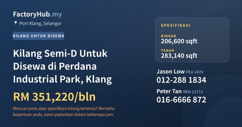 Kilang Untuk Disewa - Kilang Semi-D Untuk Disewa di Perdana Industrial Park, Klang - Port Klang, Selangor