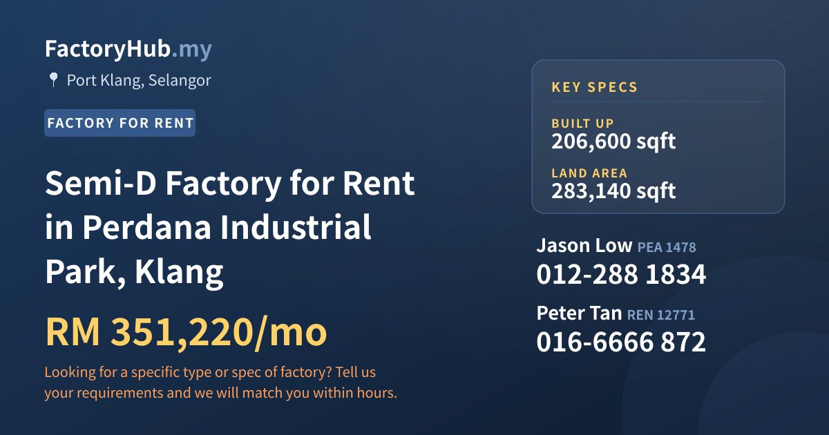 Factory For Rent - Semi-D Factory for Rent in Perdana Industrial Park, Klang - Port Klang, Selangor
