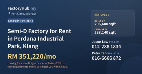 Factory For Rent - Semi-D Factory for Rent in Perdana Industrial Park, Klang - Port Klang, Selangor