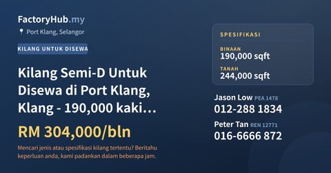 Kilang Untuk Disewa - Kilang Semi-D Untuk Disewa di Port Klang, Klang - 190,000 kaki persegi - Port Klang, Selangor
