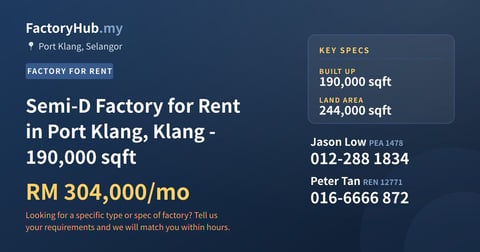 Factory For Rent - Semi-D Factory for Rent in Port Klang, Klang - 190,000 sqft - Port Klang, Selangor