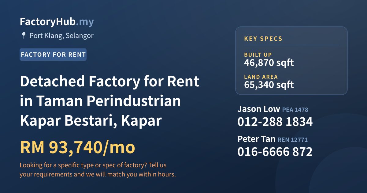 Factory For Rent - Detached Factory for Rent in Taman Perindustrian Kapar Bestari, Kapar - Port Klang, Selangor