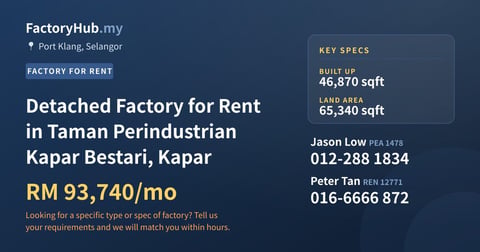 Factory For Rent - Detached Factory for Rent in Taman Perindustrian Kapar Bestari, Kapar - Port Klang, Selangor