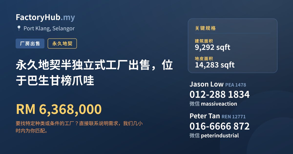 工厂 出售 - 永久地契半独立式工厂出售，位于巴生甘榜爪哇 - Port Klang, Selangor