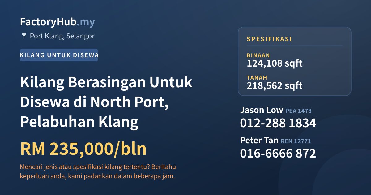 Kilang Untuk Disewa - Kilang Berasingan Untuk Disewa di North Port, Pelabuhan Klang - Port Klang, Selangor