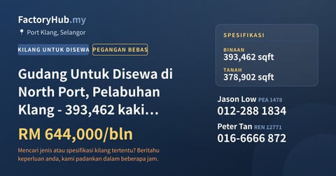 Kilang Untuk Disewa - Gudang Untuk Disewa di North Port, Pelabuhan Klang - 393,462 kaki persegi - Port Klang, Selangor
