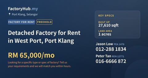 Factory For Rent - Detached Factory for Rent in West Port, Port Klang - Port Klang, Selangor
