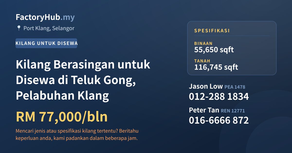 Kilang Untuk Disewa - Kilang Berasingan untuk Disewa di Teluk Gong, Pelabuhan Klang - Port Klang, Selangor