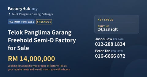 Factory For Sale - Telok Panglima Garang Freehold Semi-D Factory for Sale - Telok Panglima Garang, Selangor