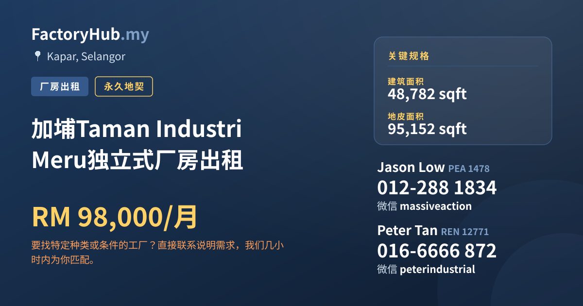 工厂 出租 - 加埔Taman Industri Meru独立式厂房出租 - Kapar, Selangor