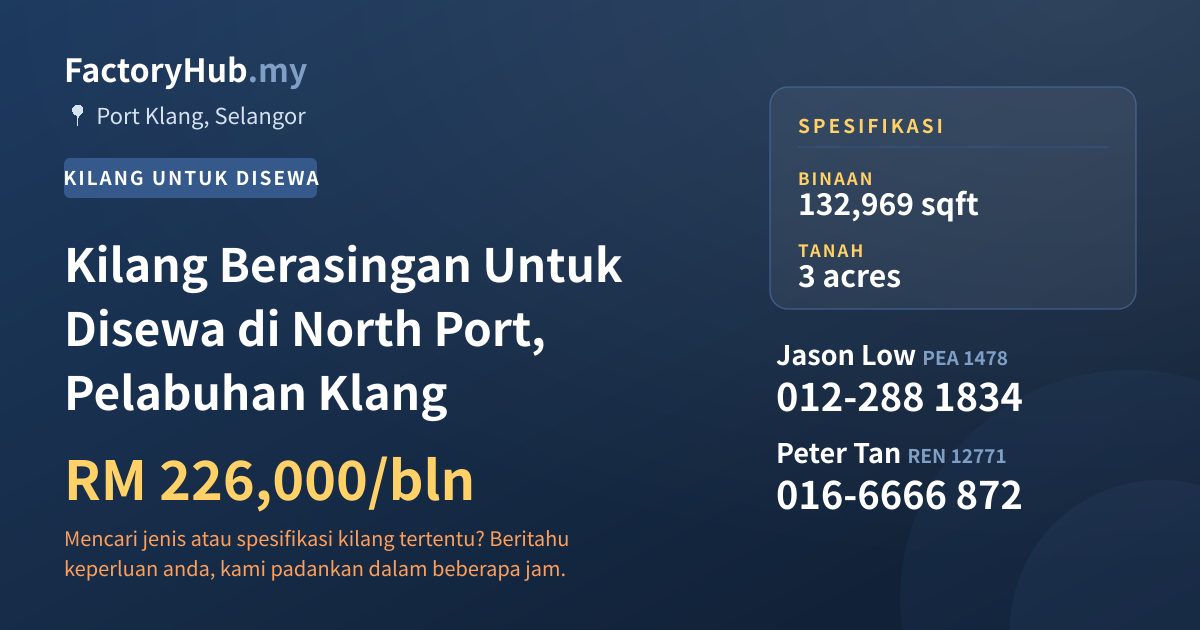 Kilang Untuk Disewa - Kilang Berasingan Untuk Disewa di North Port, Pelabuhan Klang - Port Klang, Selangor